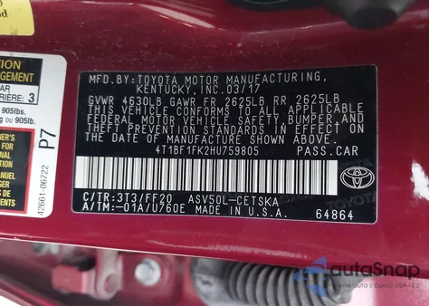 2017 Toyota Camry Se from USA, damaged, VIN 4T1BF1FK2HU759805